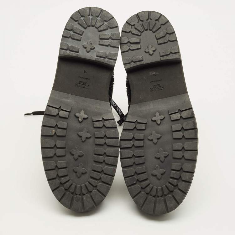 Pre Owned Fendi Zucca Size 38 Black FF Embossed Leather Ankle Combat Boots