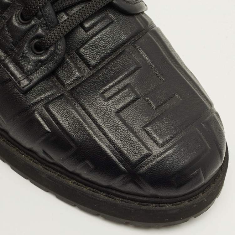 Pre Owned Fendi Zucca Size 38 Black FF Embossed Leather Ankle Combat Boots