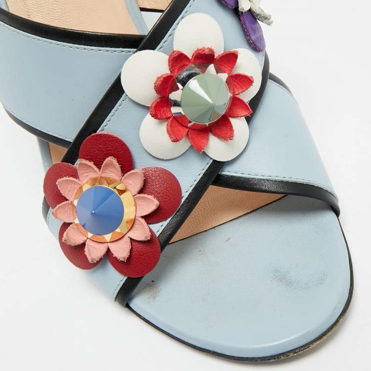 Pre Owned Fendi Flowerland Size 41 Light Blue/Black Leather Criss Cross Slide Sandals