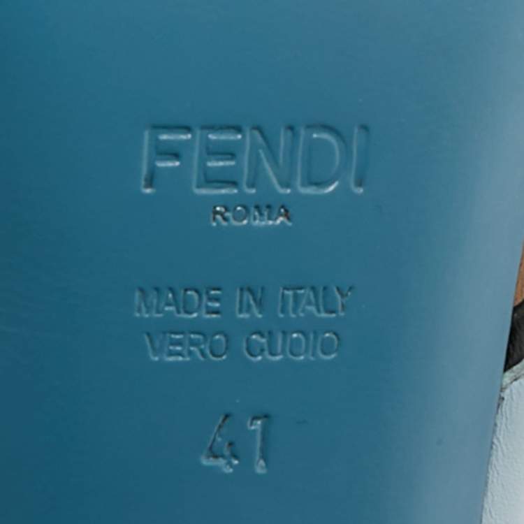 Pre Owned Fendi Flowerland Size 41 Light Blue/Black Leather Criss Cross Slide Sandals