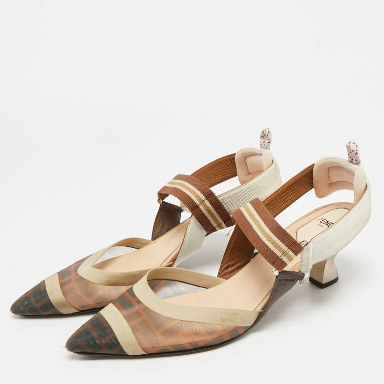Pre Owned Fendi Colibri Size 39.5 Brown Canvas and Mesh Slingback Pumps