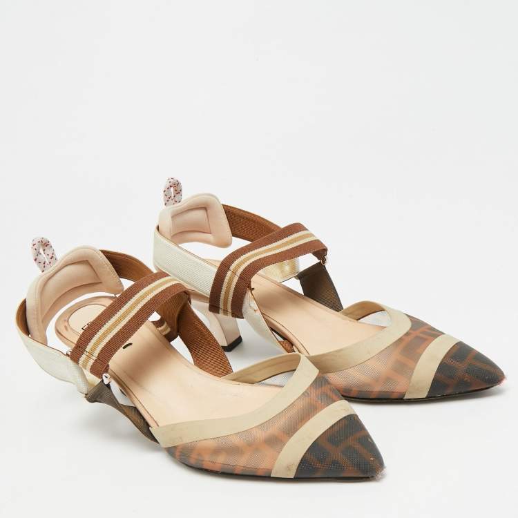 Pre Owned Fendi Colibri Size 39.5 Brown Canvas and Mesh Slingback Pumps