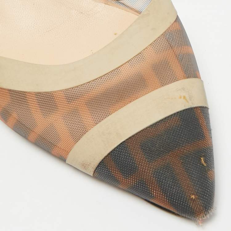 Pre Owned Fendi Colibri Size 39.5 Brown Canvas and Mesh Slingback Pumps