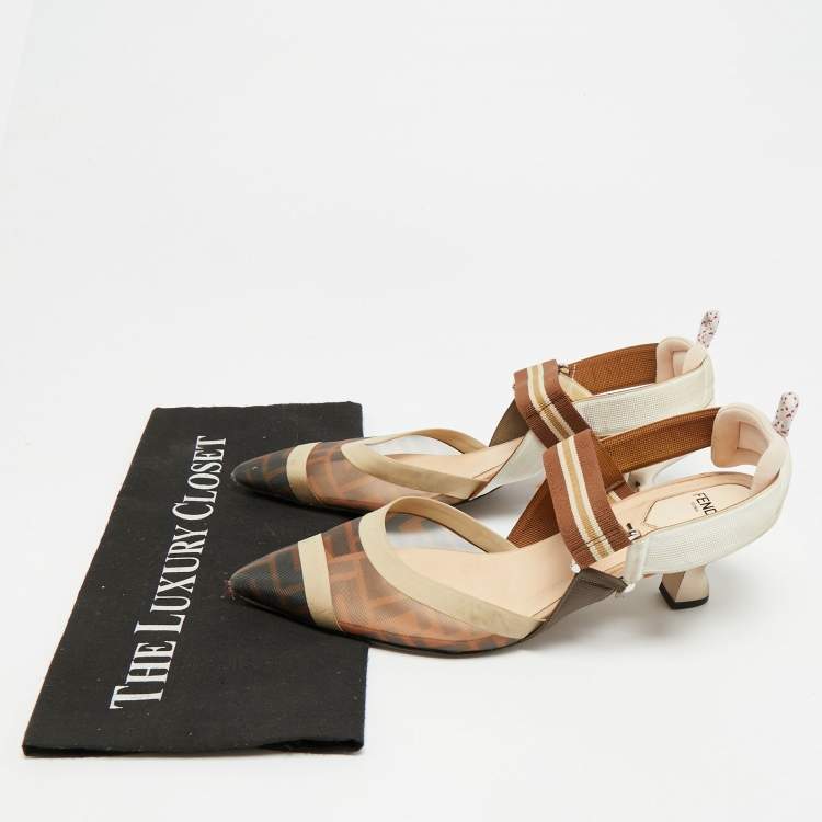 Pre Owned Fendi Colibri Size 39.5 Brown Canvas and Mesh Slingback Pumps