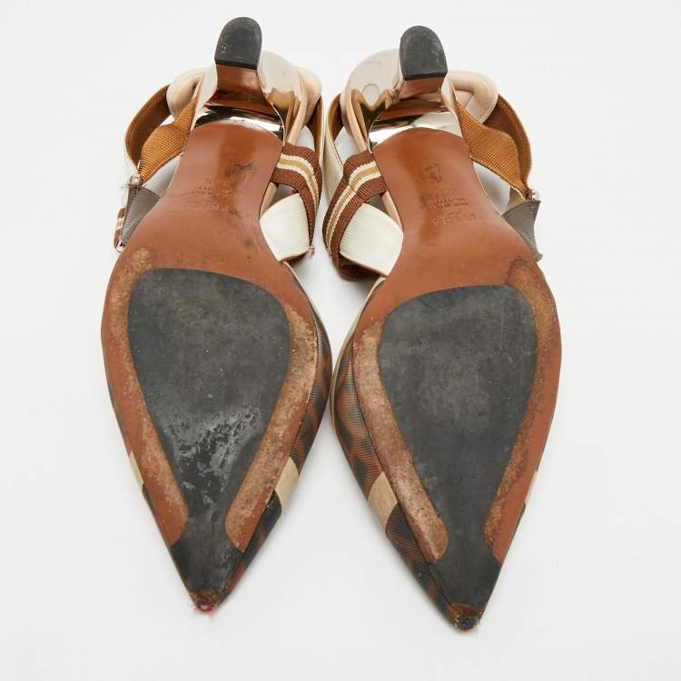 Pre Owned Fendi Colibri Size 39.5 Brown Canvas and Mesh Slingback Pumps