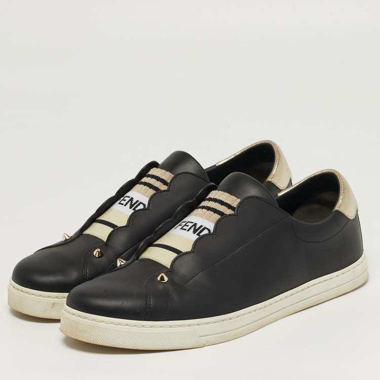 Pre Owned Fendi Rockoclick Size 41 Black Leather Slip On Sneakers