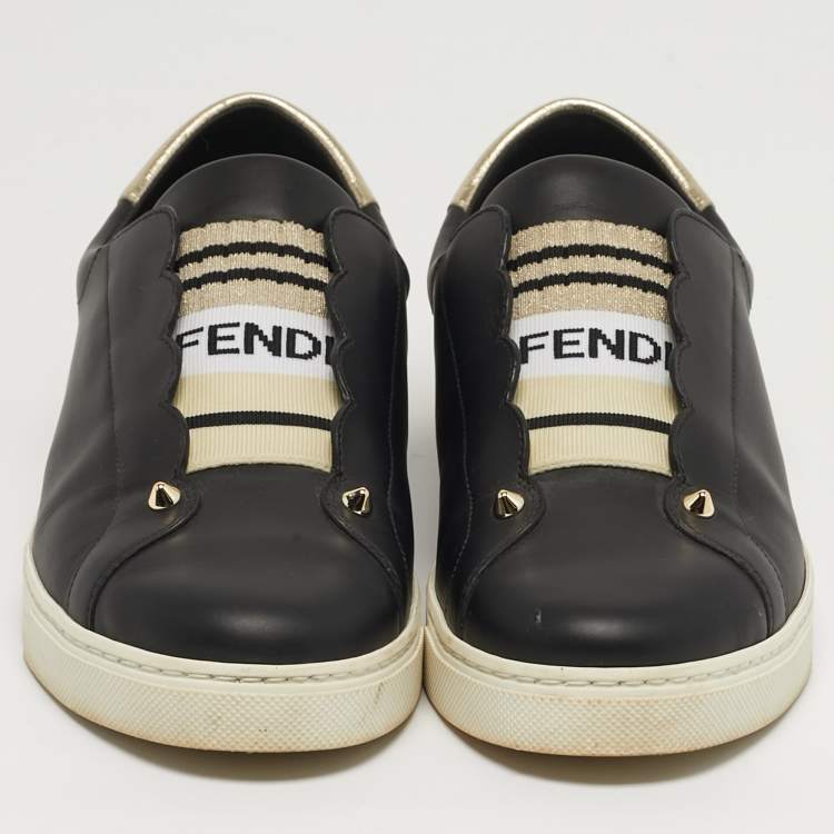 Pre Owned Fendi Rockoclick Size 41 Black Leather Slip On Sneakers