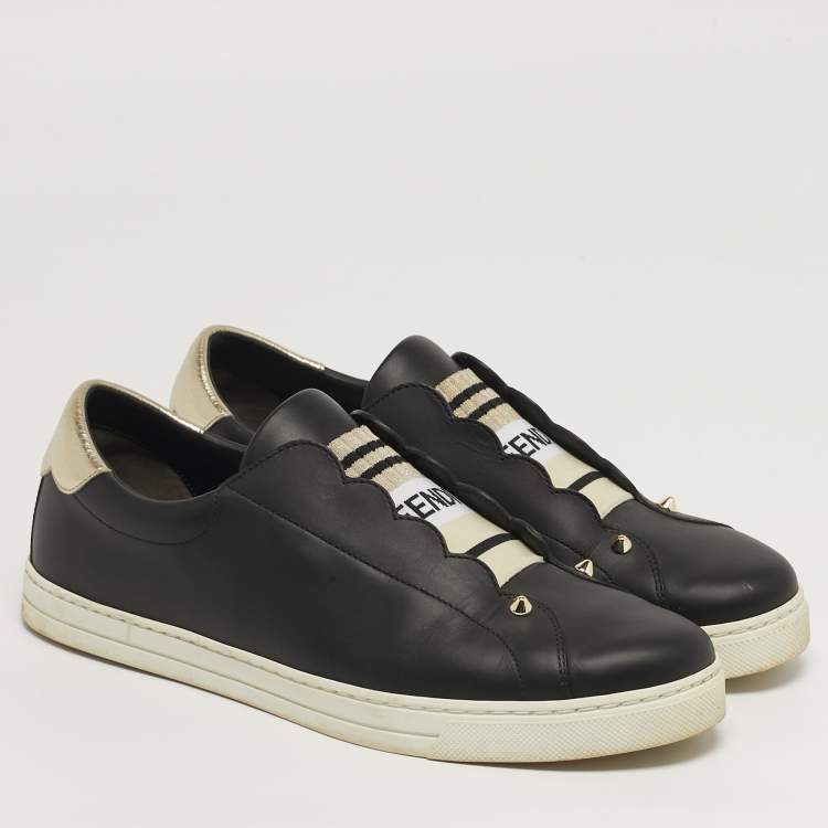 Pre Owned Fendi Rockoclick Size 41 Black Leather Slip On Sneakers