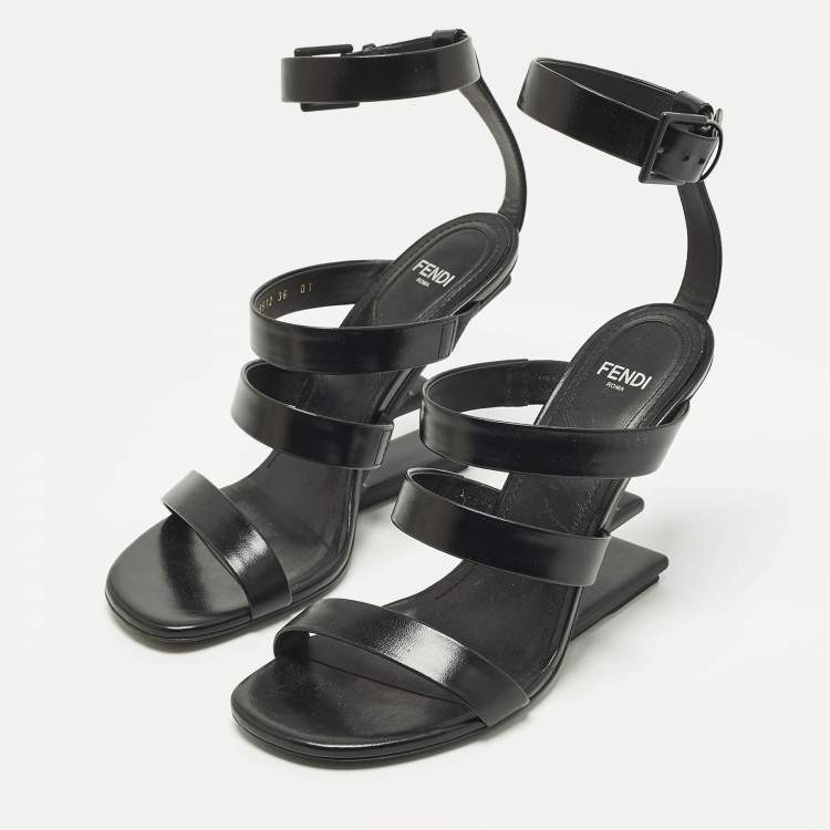 Pre Owned Fendi Size 36 Black Leather Wedge Strappy Sandals