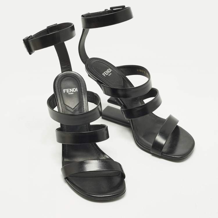 Pre Owned Fendi Size 36 Black Leather Wedge Strappy Sandals