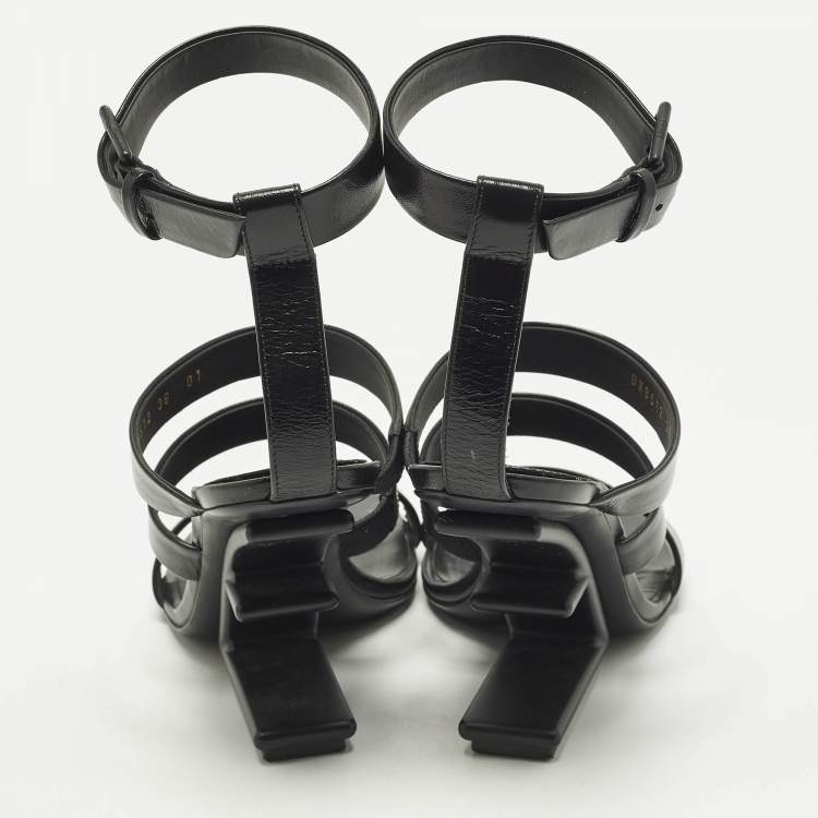 Pre Owned Fendi Size 36 Black Leather Wedge Strappy Sandals