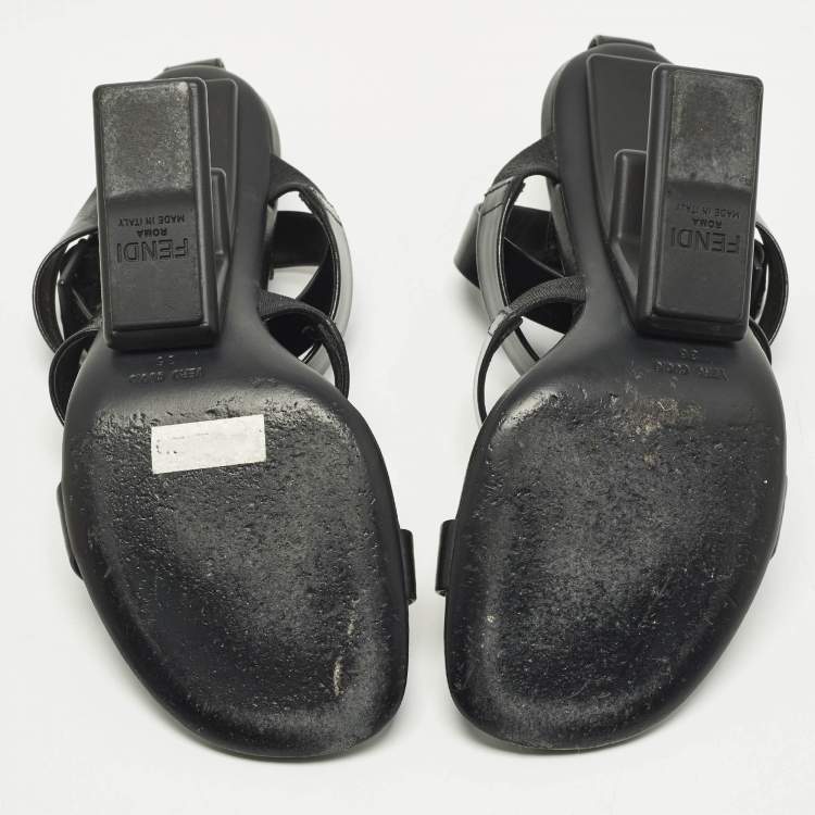 Pre Owned Fendi Size 36 Black Leather Wedge Strappy Sandals