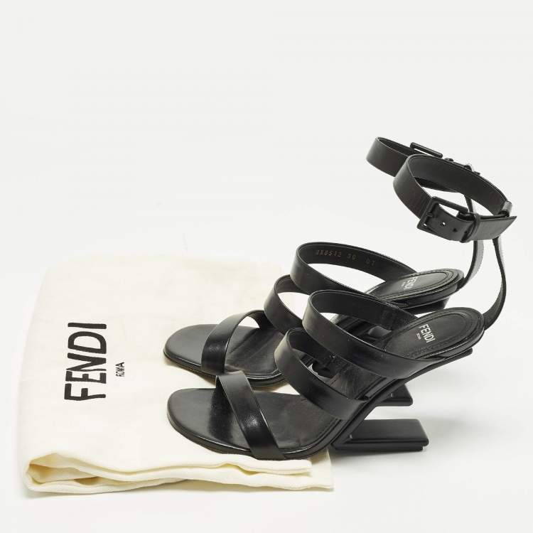 Pre Owned Fendi Size 36 Black Leather Wedge Strappy Sandals