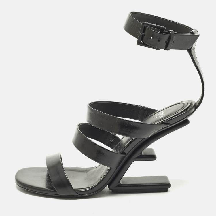 Pre Owned Fendi Size 36 Black Leather Wedge Strappy Sandals
