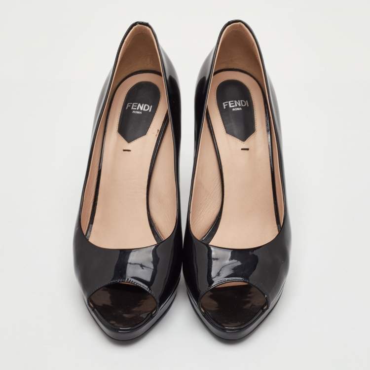 Pre Owned Fendi Size 40 Black Patent Leather Peep Toe Pumps