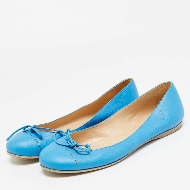 Pre Owned Fendi Size 38.5 Blue Leather Bow Ballet Flats