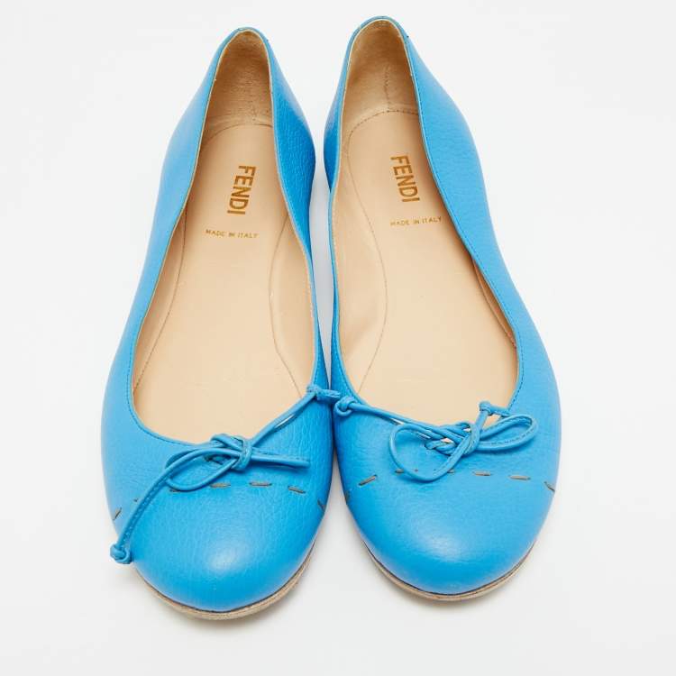 Pre Owned Fendi Size 38.5 Blue Leather Bow Ballet Flats