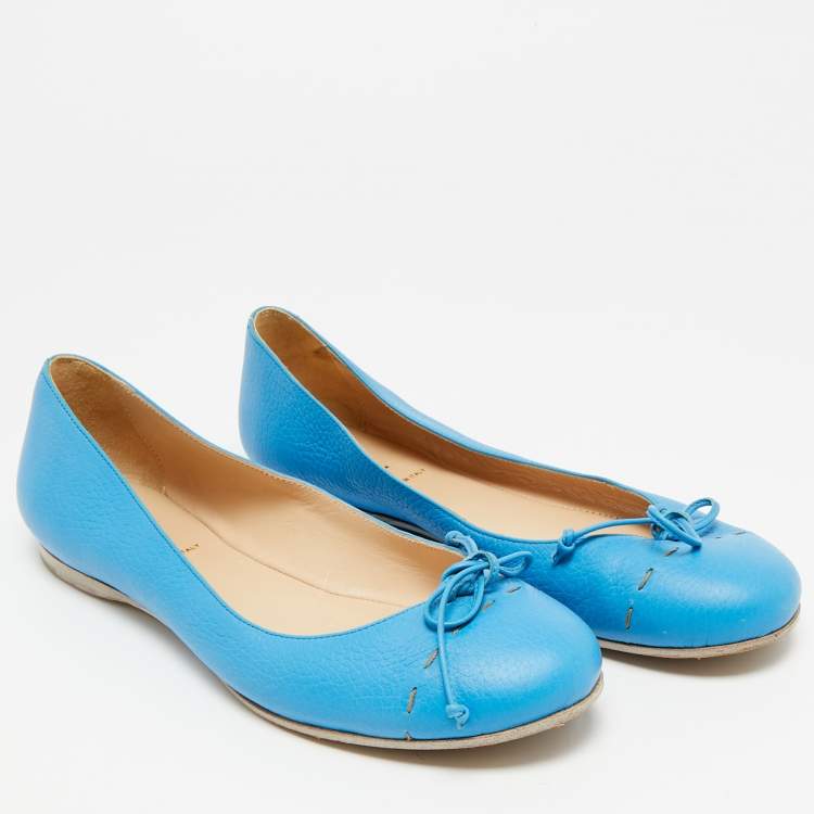 Pre Owned Fendi Size 38.5 Blue Leather Bow Ballet Flats
