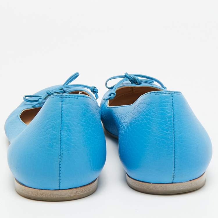 Pre Owned Fendi Size 38.5 Blue Leather Bow Ballet Flats