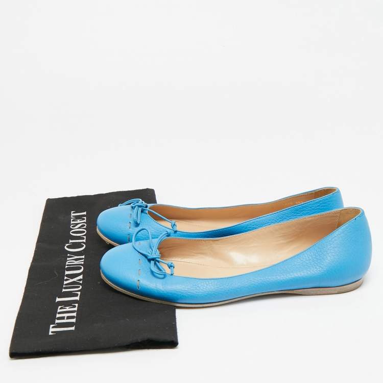 Pre Owned Fendi Size 38.5 Blue Leather Bow Ballet Flats