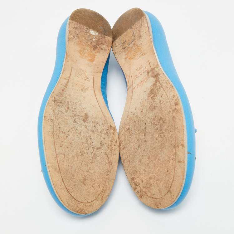 Pre Owned Fendi Size 38.5 Blue Leather Bow Ballet Flats
