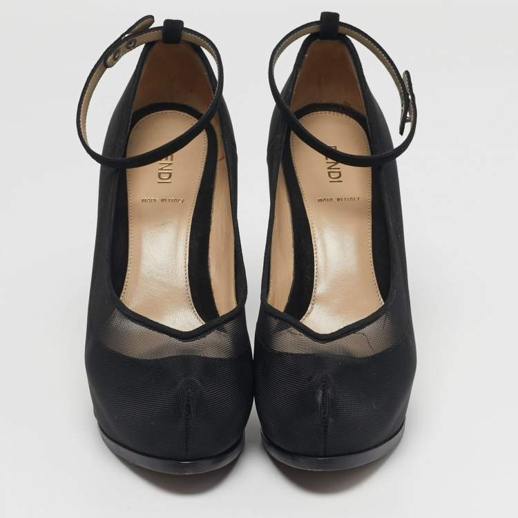 Pre Owned Fendi Size 38 Black Mesh and Suede Platform Ankle Strap Pumps