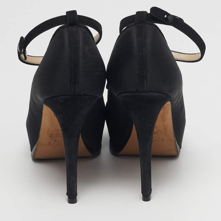 Pre Owned Fendi Size 38 Black Mesh and Suede Platform Ankle Strap Pumps