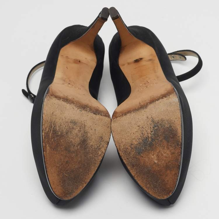 Pre Owned Fendi Size 38 Black Mesh and Suede Platform Ankle Strap Pumps