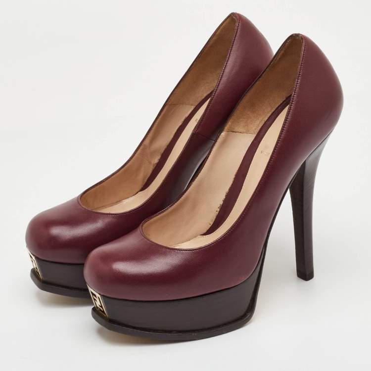 Pre Owned Fendi Fendista Size 38 Burgundy Leather Platform Pumps