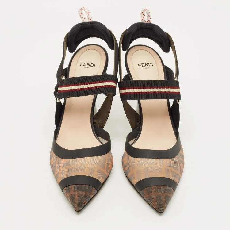 Pre Owned Fendi Colibri Size 40 Black Leather and Mesh Slingback Pumps