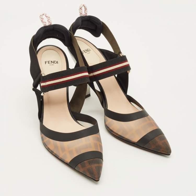 Pre Owned Fendi Colibri Size 40 Black Leather and Mesh Slingback Pumps