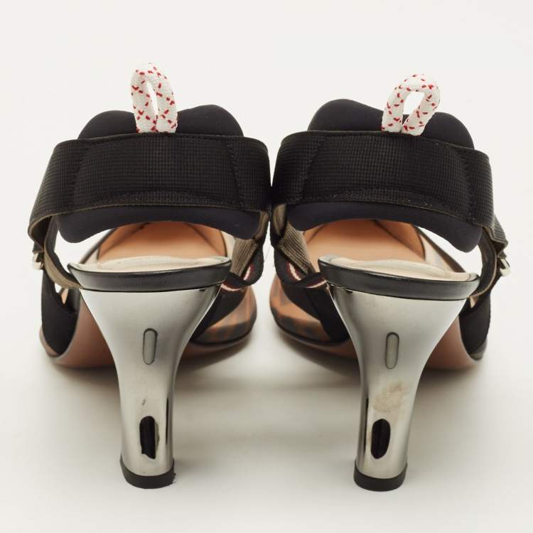 Pre Owned Fendi Colibri Size 40 Black Leather and Mesh Slingback Pumps