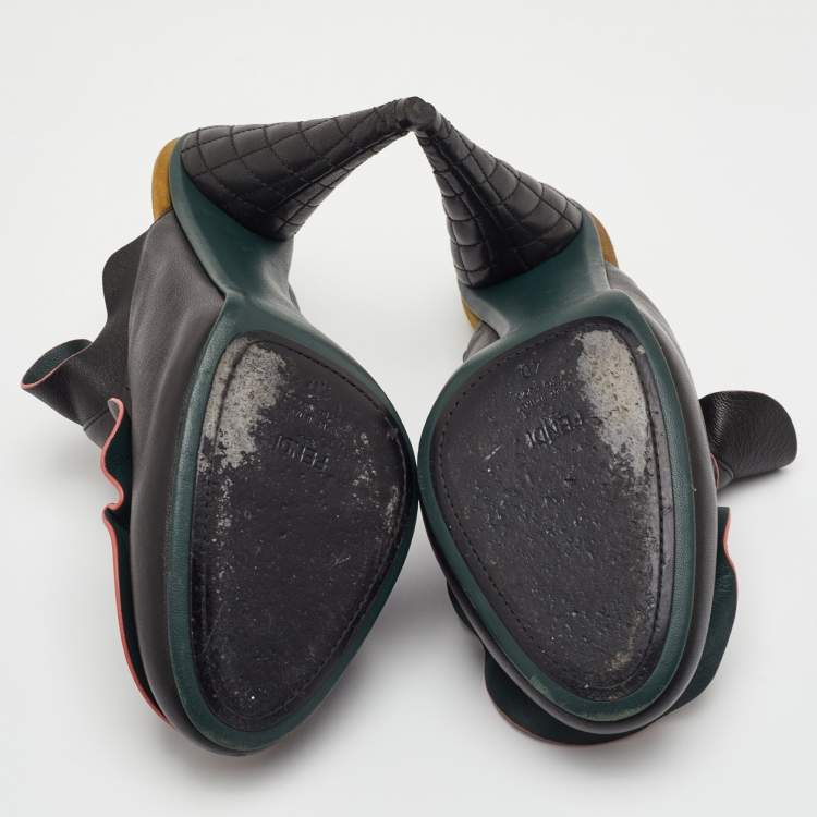 Pre Owned Fendi Size 40 Black Leather Waves Ruffle Platform Mules