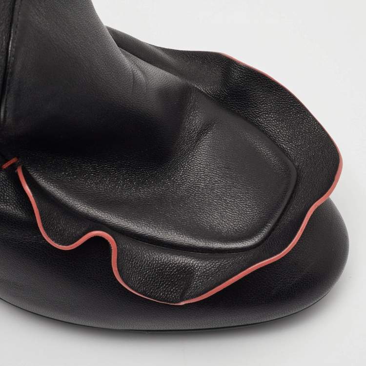 Pre Owned Fendi Size 40 Black Leather Waves Ruffle Platform Mules