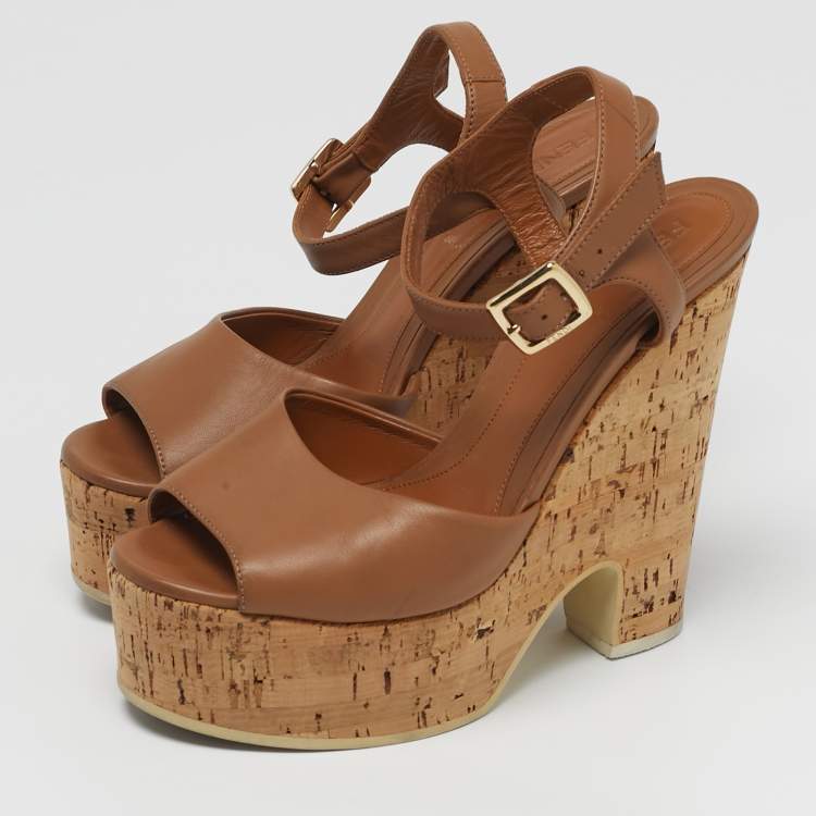 Pre Owned Fendi Size 37 Brown Leather Cork Wedge Platform Ankle Strap Sandals