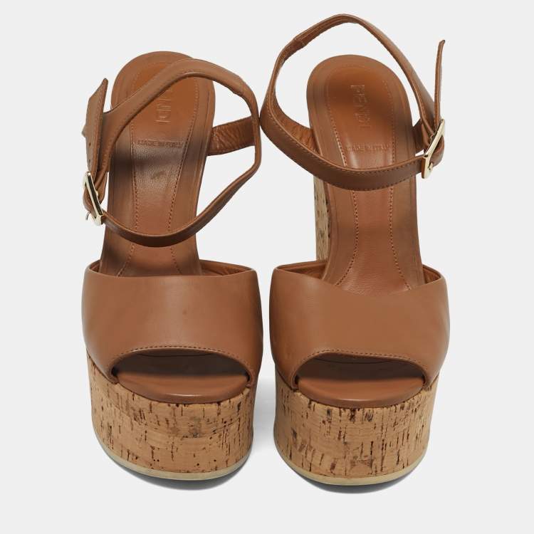 Pre Owned Fendi Size 37 Brown Leather Cork Wedge Platform Ankle Strap Sandals