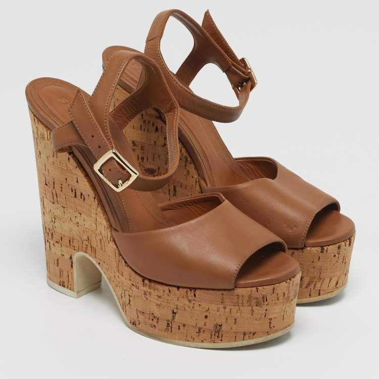 Pre Owned Fendi Size 37 Brown Leather Cork Wedge Platform Ankle Strap Sandals