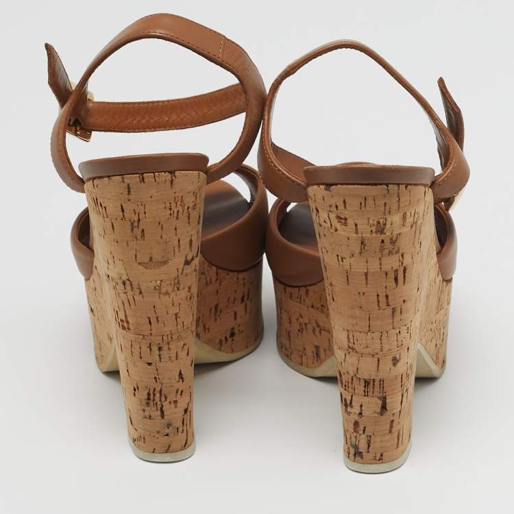 Pre Owned Fendi Size 37 Brown Leather Cork Wedge Platform Ankle Strap Sandals