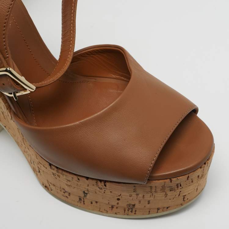 Pre Owned Fendi Size 37 Brown Leather Cork Wedge Platform Ankle Strap Sandals