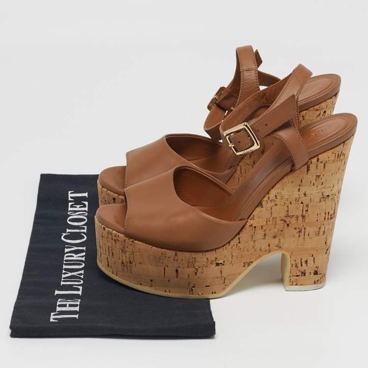 Pre Owned Fendi Size 37 Brown Leather Cork Wedge Platform Ankle Strap Sandals