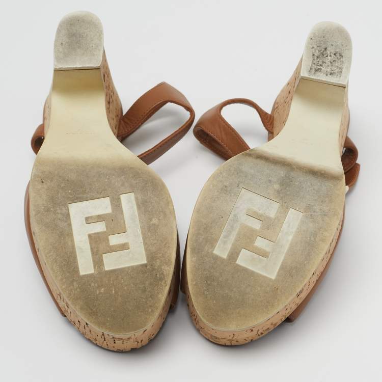 Pre Owned Fendi Size 37 Brown Leather Cork Wedge Platform Ankle Strap Sandals
