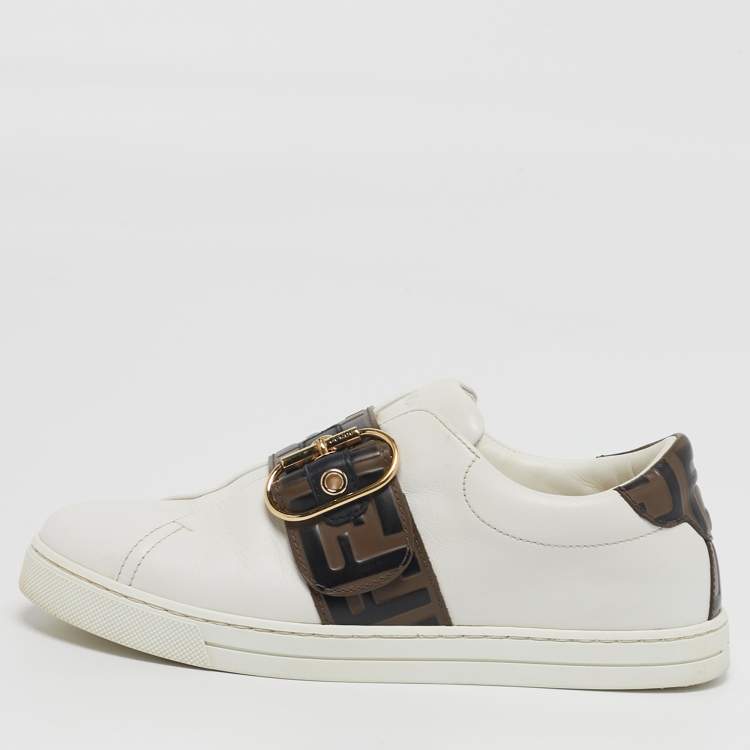 مملوكة مسبقًا Fendi FF Logo Buckle Strap  Size 37 White Leather Low Top Sneakers