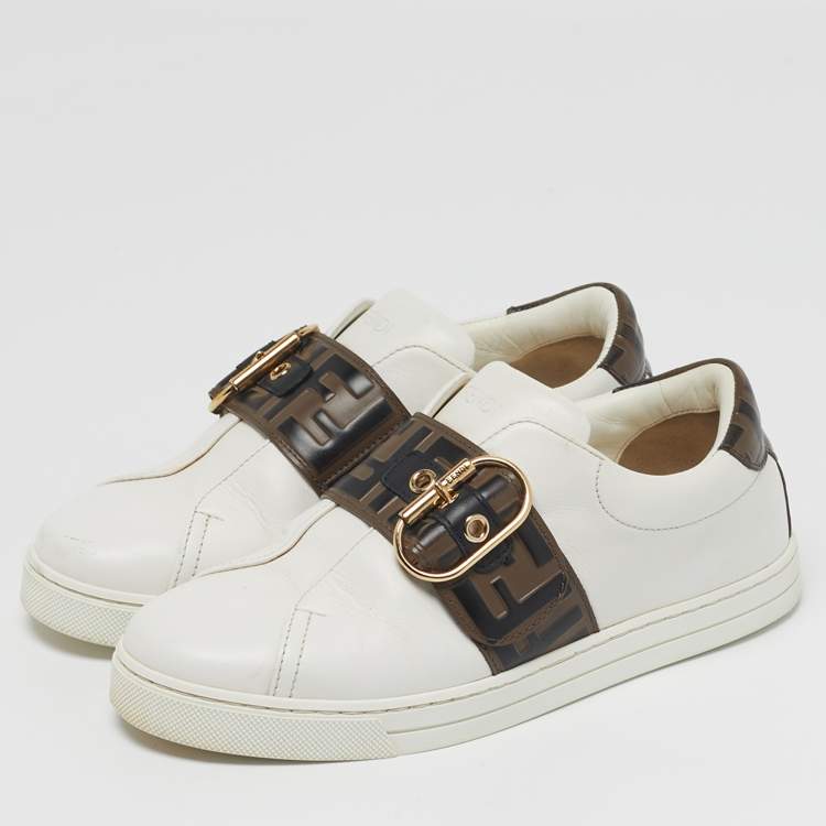 مملوكة مسبقًا Fendi FF Logo Buckle Strap  Size 37 White Leather Low Top Sneakers