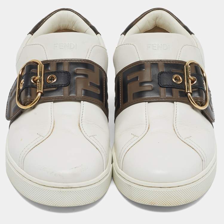 مملوكة مسبقًا Fendi FF Logo Buckle Strap  Size 37 White Leather Low Top Sneakers