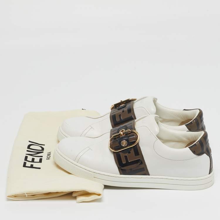 مملوكة مسبقًا Fendi FF Logo Buckle Strap  Size 37 White Leather Low Top Sneakers