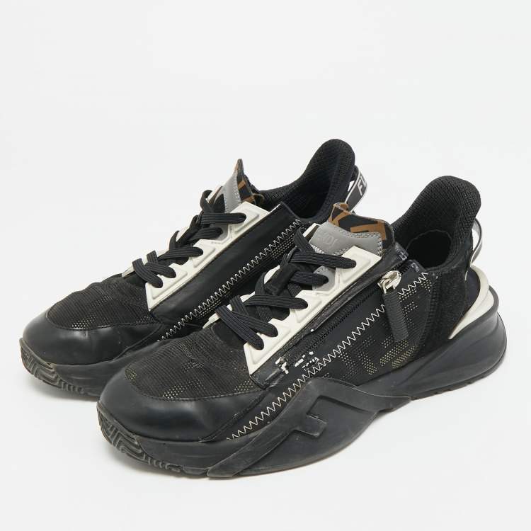 Pre Owned Fendi Flow Size 38.5 Black/White Leather, Mesh and Suede Low Top Sneakers