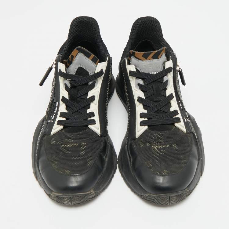 Pre Owned Fendi Flow Size 38.5 Black/White Leather, Mesh and Suede Low Top Sneakers