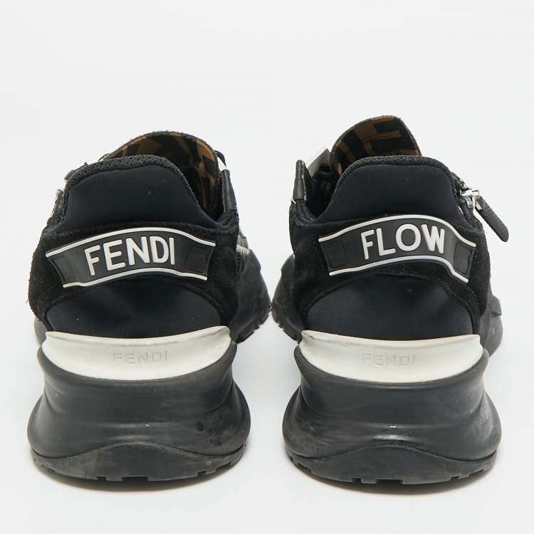 Pre Owned Fendi Flow Size 38.5 Black/White Leather, Mesh and Suede Low Top Sneakers