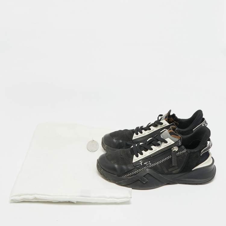 Pre Owned Fendi Flow Size 38.5 Black/White Leather, Mesh and Suede Low Top Sneakers