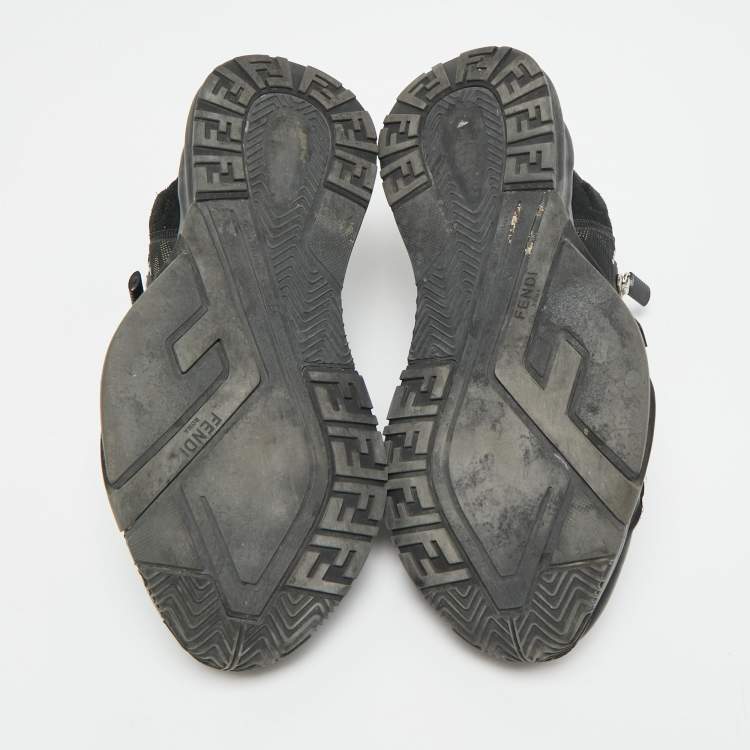 Pre Owned Fendi Flow Size 38.5 Black/White Leather, Mesh and Suede Low Top Sneakers